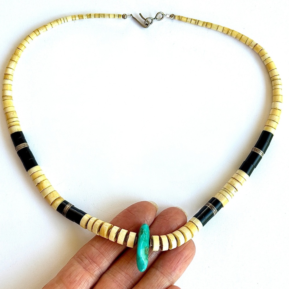 VTG Native American Heishi Necklace Turquoise 18in Graduated Shell Santo Domingo